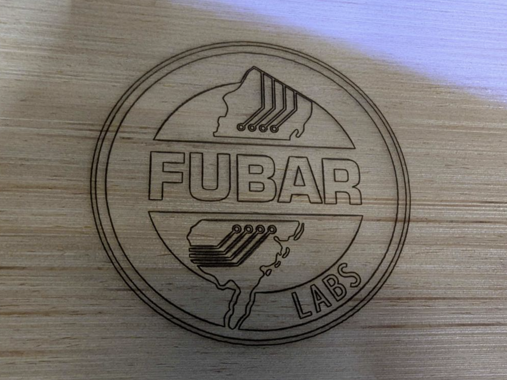 Laser engraved FUBAR Labs logo